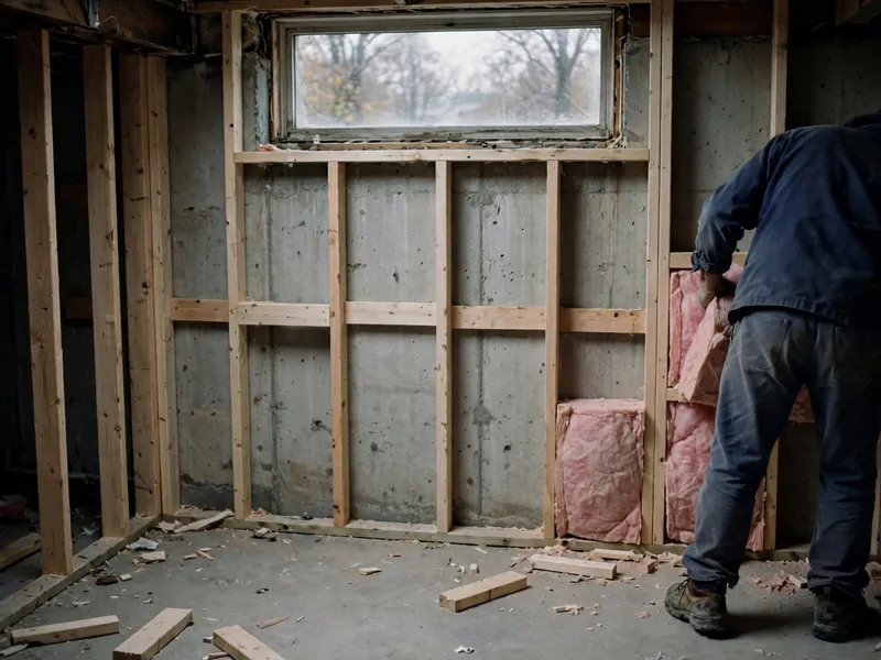 Basement with new wood stud walls on the concrete foundation and pink insulation going in under a small window