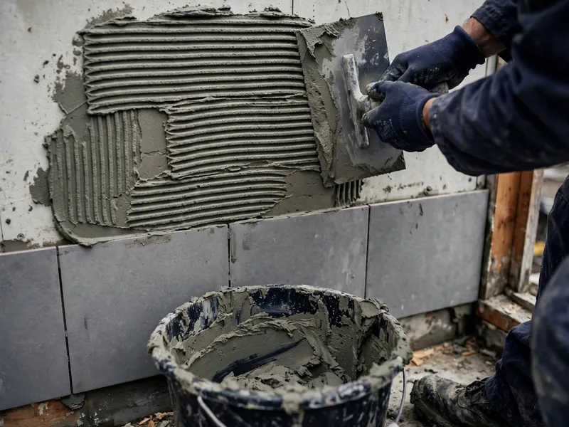 Gloved hands combing thinset onto a shower wall with a notched trowel above grey tiles already set
