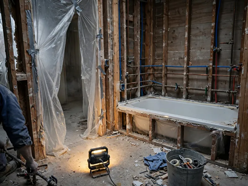 Bathroom stripped to the studs with new supply pipes, a new tub set in its frame and plastic over the doorway