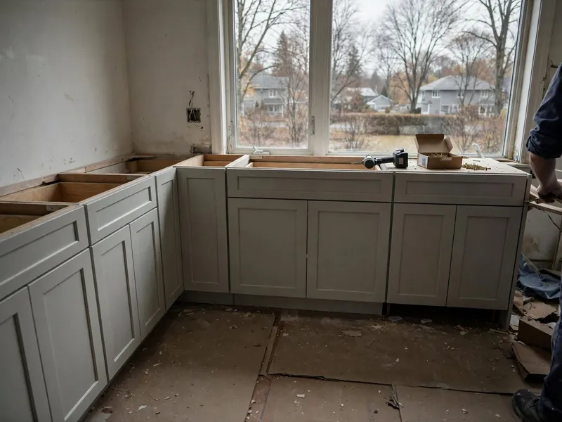 New grey shaker base cabinets in an L without countertops, cardboard on the floor, a window onto a street